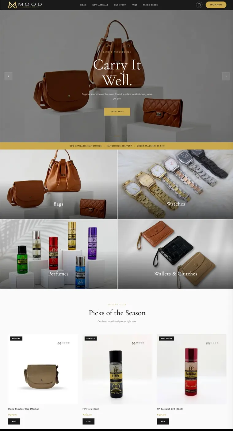 Mood online store homepage showing bags, watches and perfumes