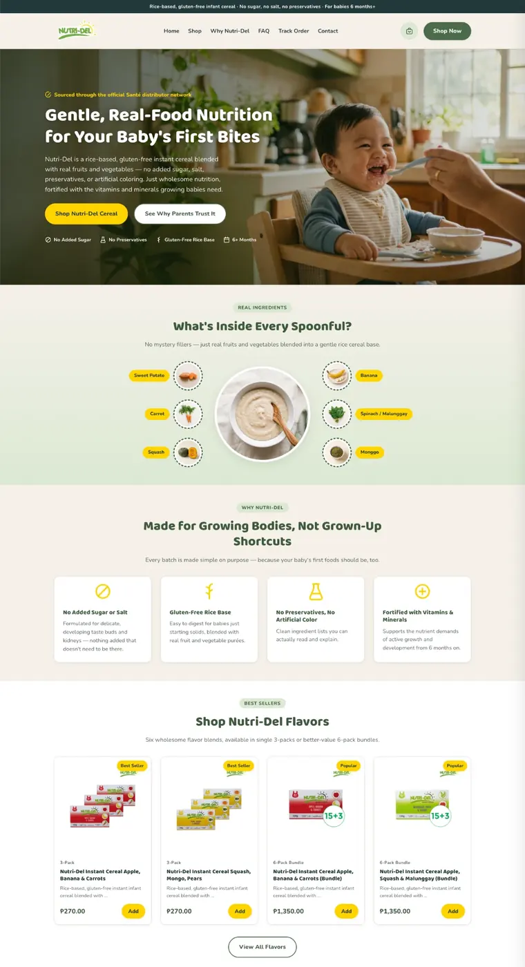 Nutri-Del online store homepage showing rice-based infant cereal products